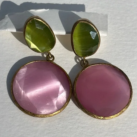 Pink and green stone Gold Drop dangle Earrings artisan vintage - Picture 7 of 11